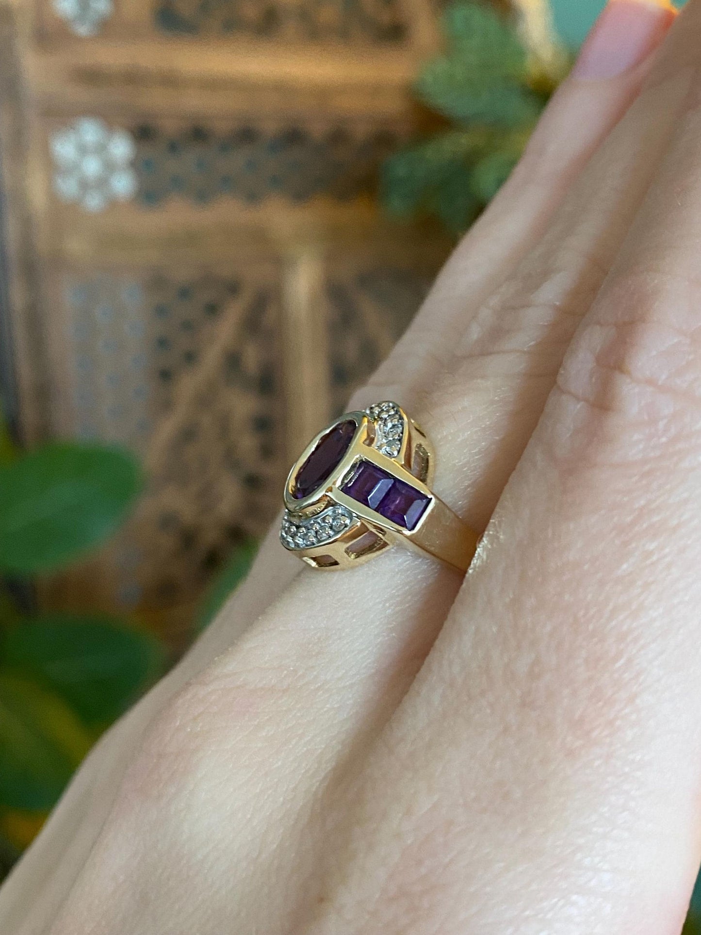 Vintage Solid 14k Yellow Gold Diamond Halo Amethyst Ring - Size 6.5
