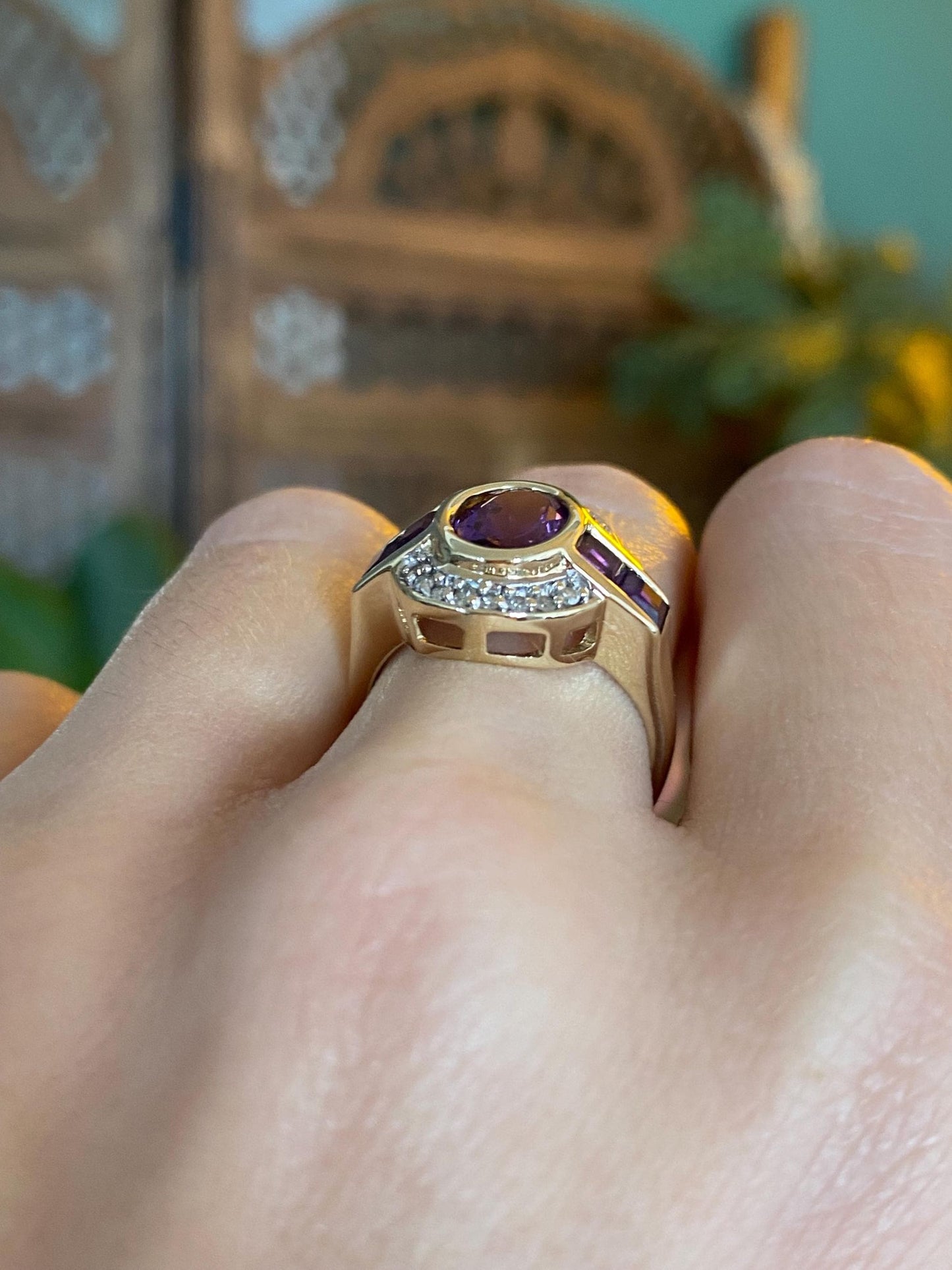 Vintage Solid 14k Yellow Gold Diamond Halo Amethyst Ring - Size 6.5