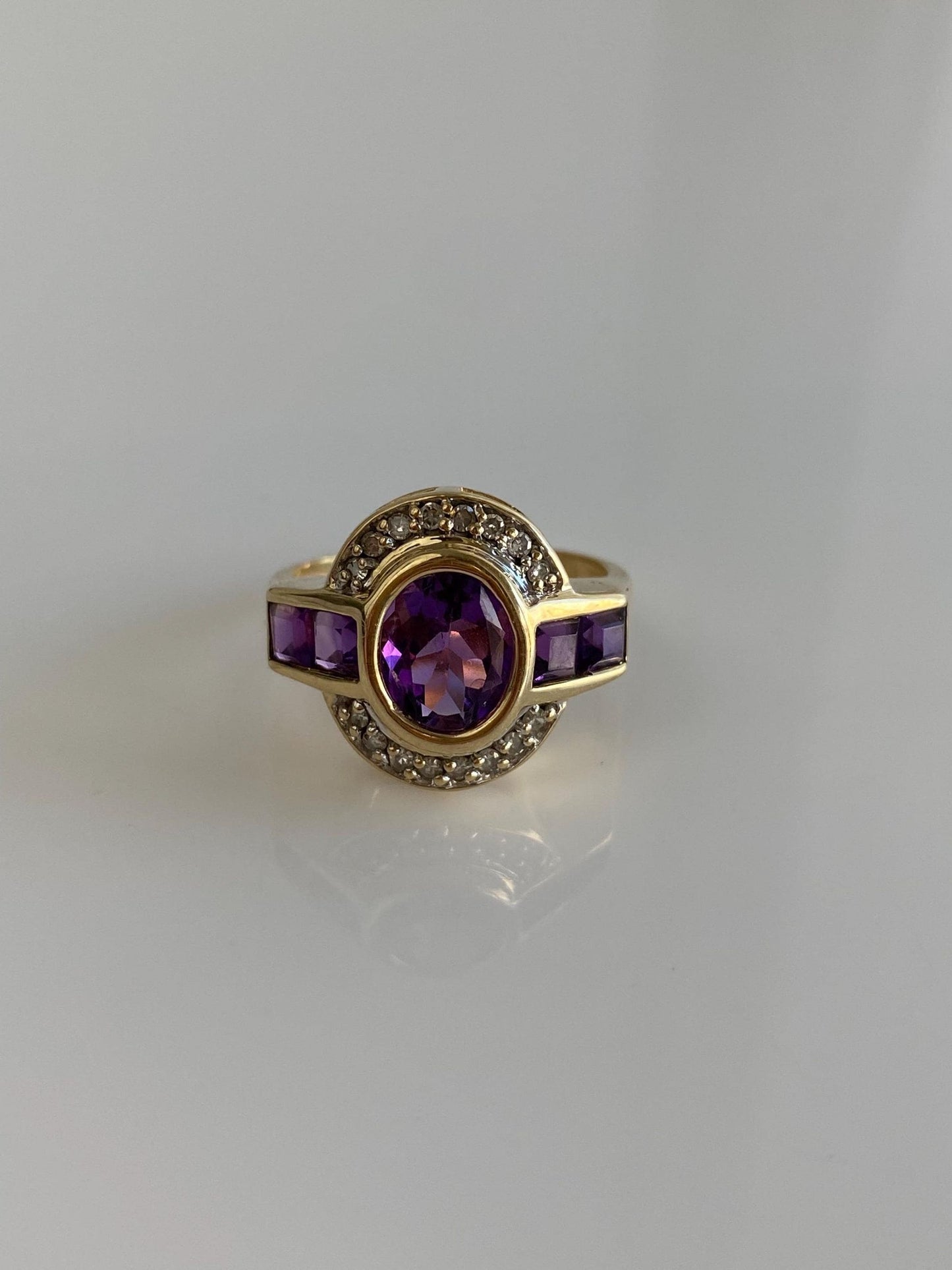 Vintage Solid 14k Yellow Gold Diamond Halo Amethyst Ring - Size 6.5